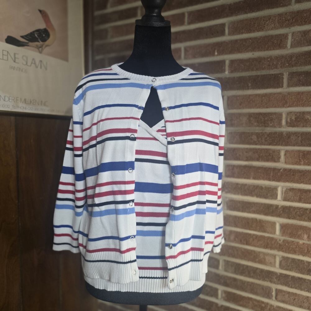 Liz Claiborne Striped Knit Cardigan & Tank Top Set White Blue Red Black Size M